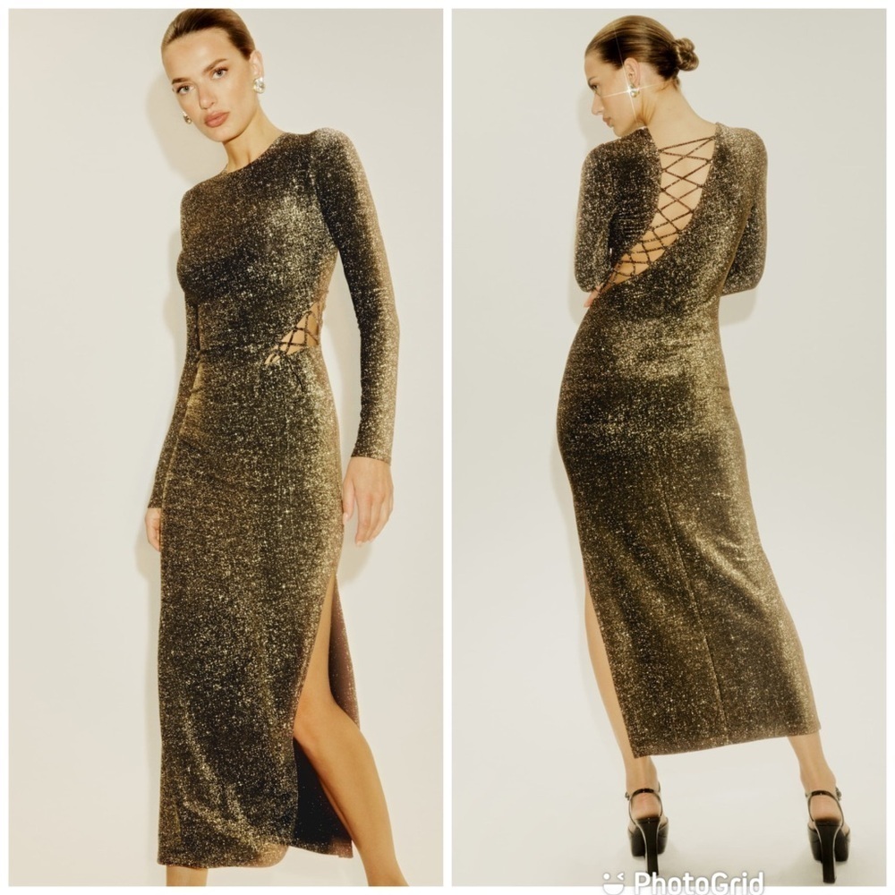Reformation Kinsey Knit Dress in Natural Gold Sparkle Size Small